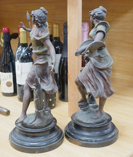 A pair of spelter figures of muses, 38cm. Condition - fair